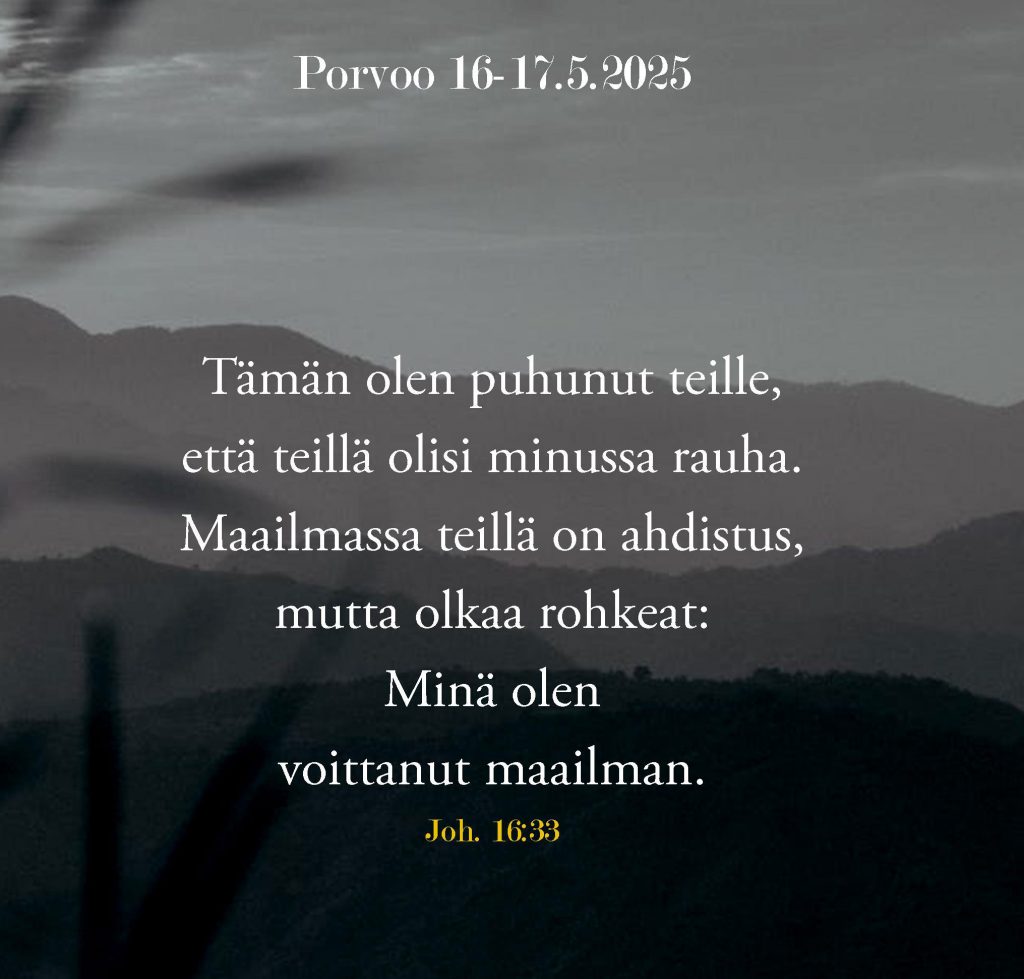 Tämän olen puhunut teille, että teillä olisi minussa rauha.
Maailmassa teillä on ahdistus, mutta olkaa rohkeat: Minä olen
voittanut maailman.

Joh. 16:33